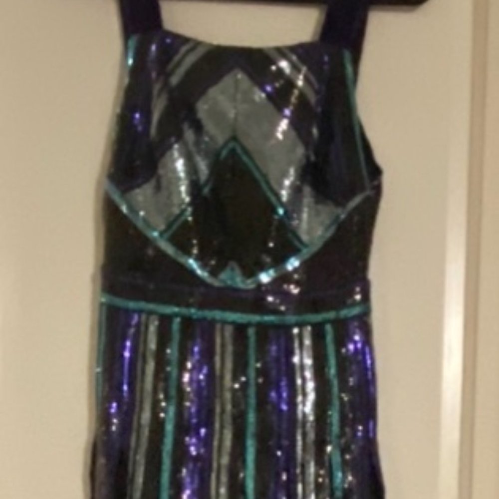 Zac Posen full-length sequined gown, low back with purple velvet straps